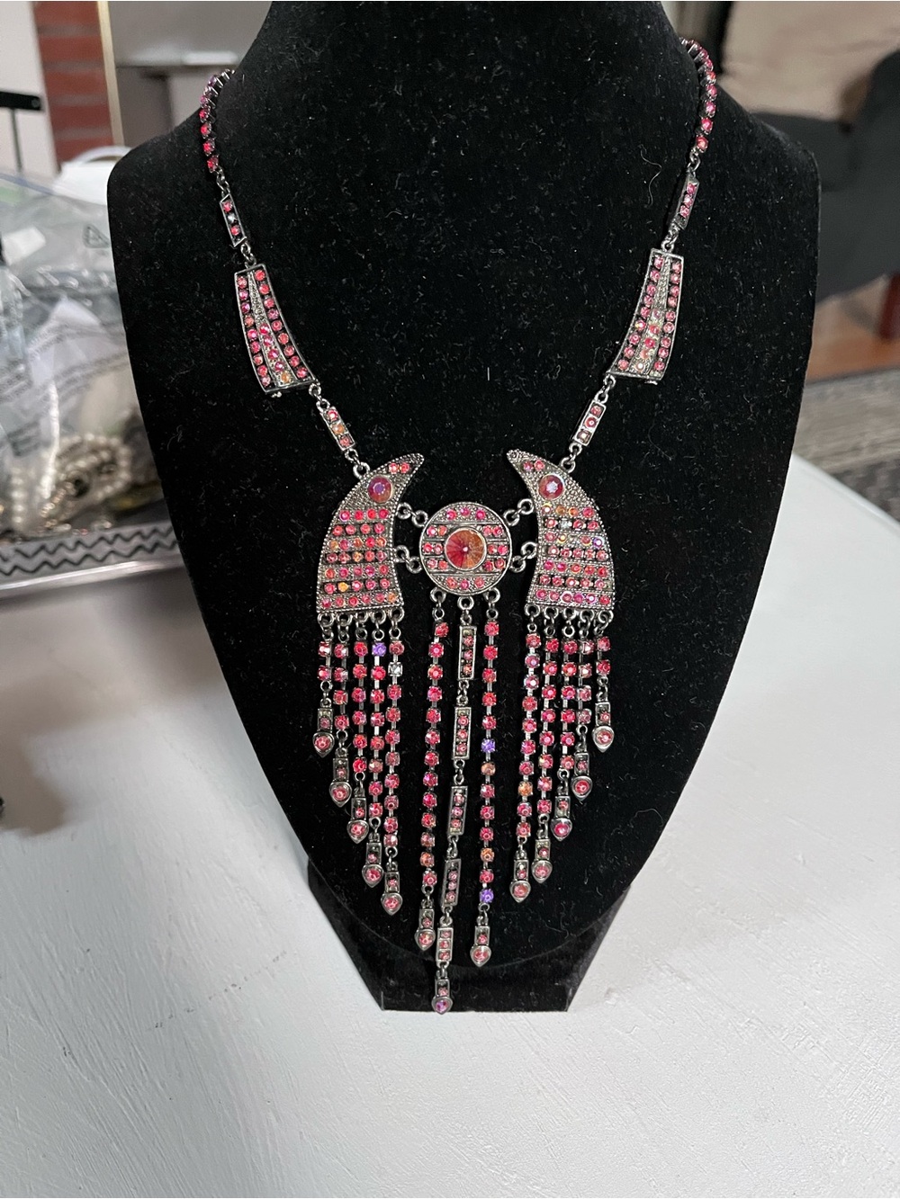 Chico’s Red Rhinestone with Gunmetal Grey Fringe Statement Necklace